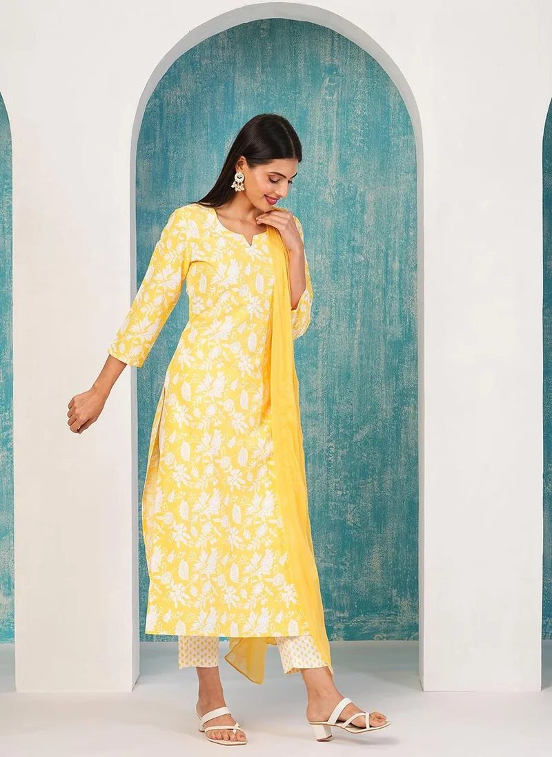GoSriKi  GoSriKi Women's Cotton Blend Straight Printed Kurta with Pant & Dupatta (MEI YELLOW-ND-GS_L_Yellow_Large) for Women | Best Price UAE